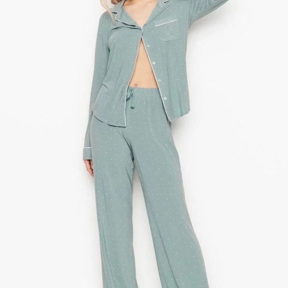 Victoria’s Secret Model “Sage Dust Green” polka dot Long PJs